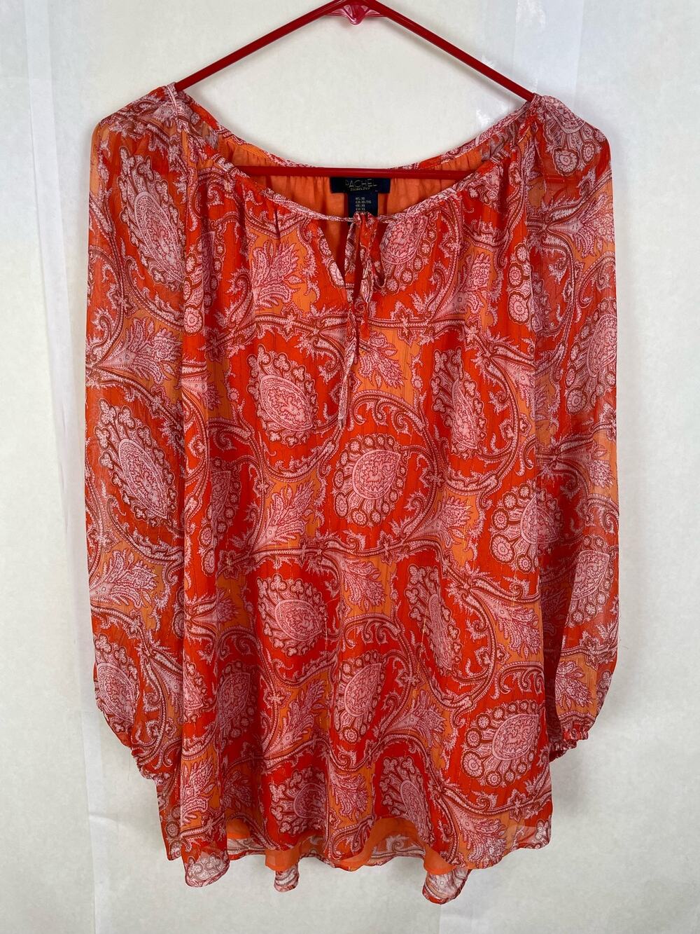 Rachel Roy Orange Paisley Floral Boho Peasant Long Sleeved Flowy Blouse Size XL